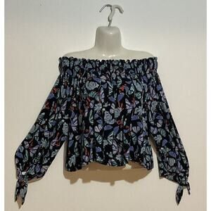 We the Free People Large Black butterfly floral off shoulder top tie sleeve XS